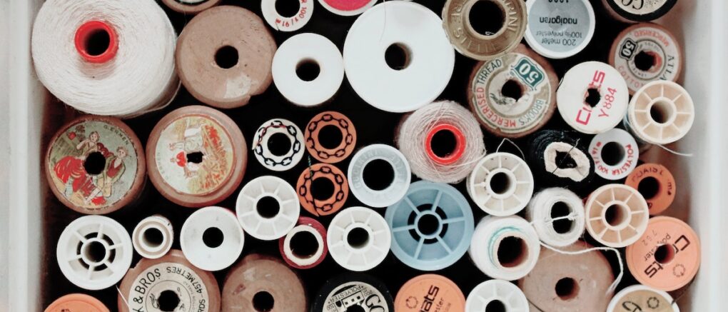 Aerial shot of spools of thread