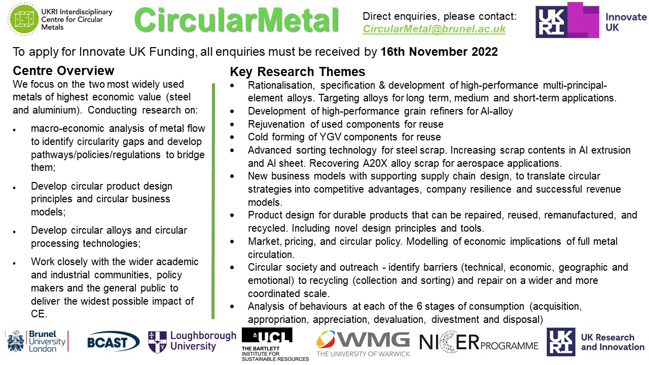 Key Research Themes for CircularMetals are: Rationalisation, specification & development of high-performance multi-principal-element alloys. Targeting alloys for long term, medium and short-term applications.​ Development of high-performance grain refiners for Al-alloy​ Rejuvenation of used components for reuse ​ Cold forming of YGV components for reuse​ Advanced sorting technology for steel scrap. Increasing scrap contents in Al extrusion and Al sheet. Recovering A20X alloy scrap for aerospace applications.​ New business models with supporting supply chain design, to translate circular strategies into competitive advantages, company resilience and successful revenue models.​ Product design for durable products that can be repaired, reused, remanufactured, and recycled. Including novel design principles and tools.​ Market, pricing, and circular policy. Modelling of economic implications of full metal circulation.​ Circular society and outreach - identify barriers (technical, economic, geographic and emotional) to recycling (collection and sorting) and repair on a wider and more coordinated scale.​ Analysis of behaviours at each of the 6 stages of consumption (acquisition, appropriation, appreciation, devaluation, divestment and disposal