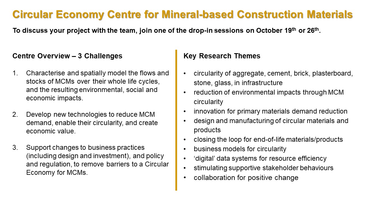 Key Research Themes for ICEc-MCM are: circularity of aggregate, cement, brick, plasterboard, stone, glass, in infrastructure​ reduction of environmental impacts through MCM circularity​ innovation for primary materials demand reduction​ design and manufacturing of circular materials and products​ closing the loop for end-of-life materials/products​ business models for circularity​ ‘digital’ data systems for resource efficiency​ stimulating supportive stakeholder behaviours​ collaboration for positive change